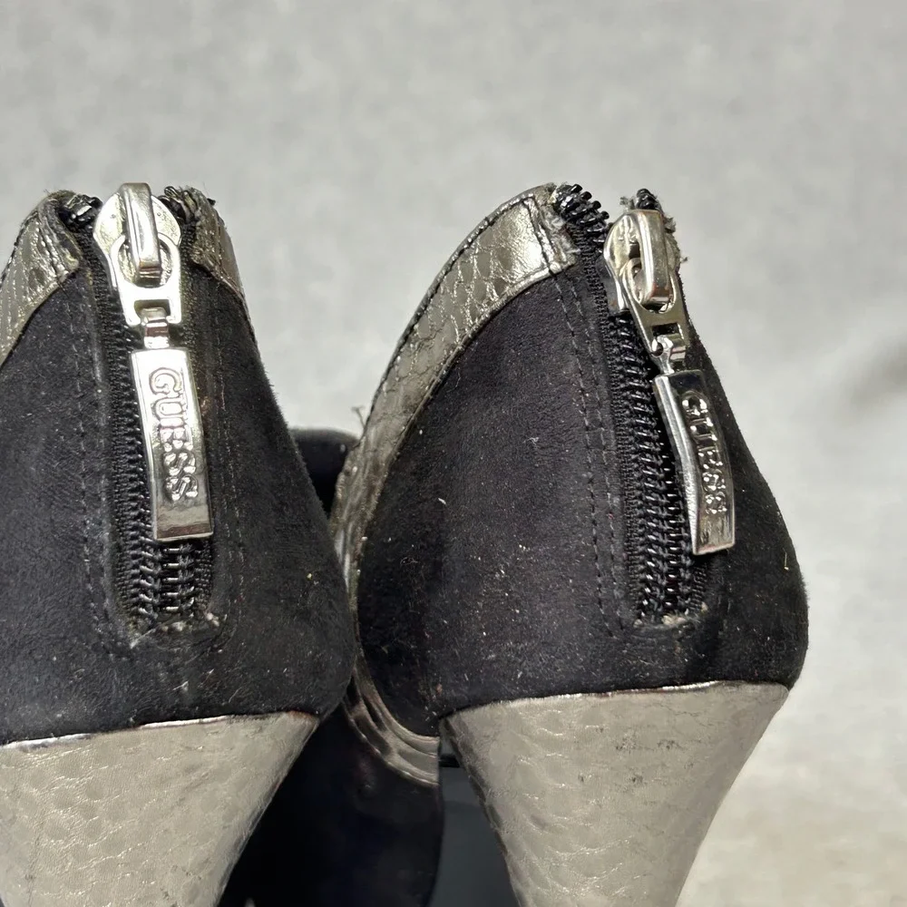 Vintage Guess Black Suede Ankle Boots Silver Metallic Trim Platform Heels 8M 90s
